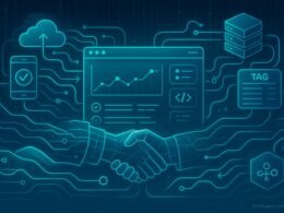 Futuristische Netzwerklandschaft mit leuchtenden Datenströmen, digitalen Geräten und Handshakes, die globale Datenverbindung und Kontrolle darstellen.