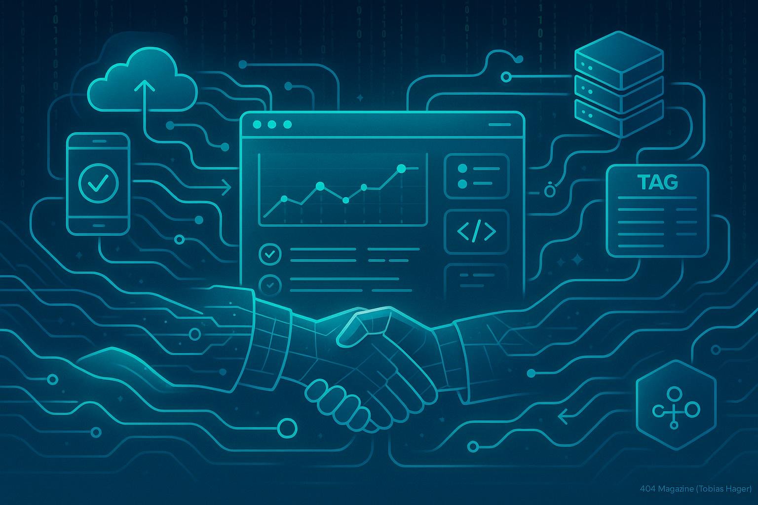 Futuristische Netzwerklandschaft mit leuchtenden Datenströmen, digitalen Geräten und Handshakes, die globale Datenverbindung und Kontrolle darstellen.