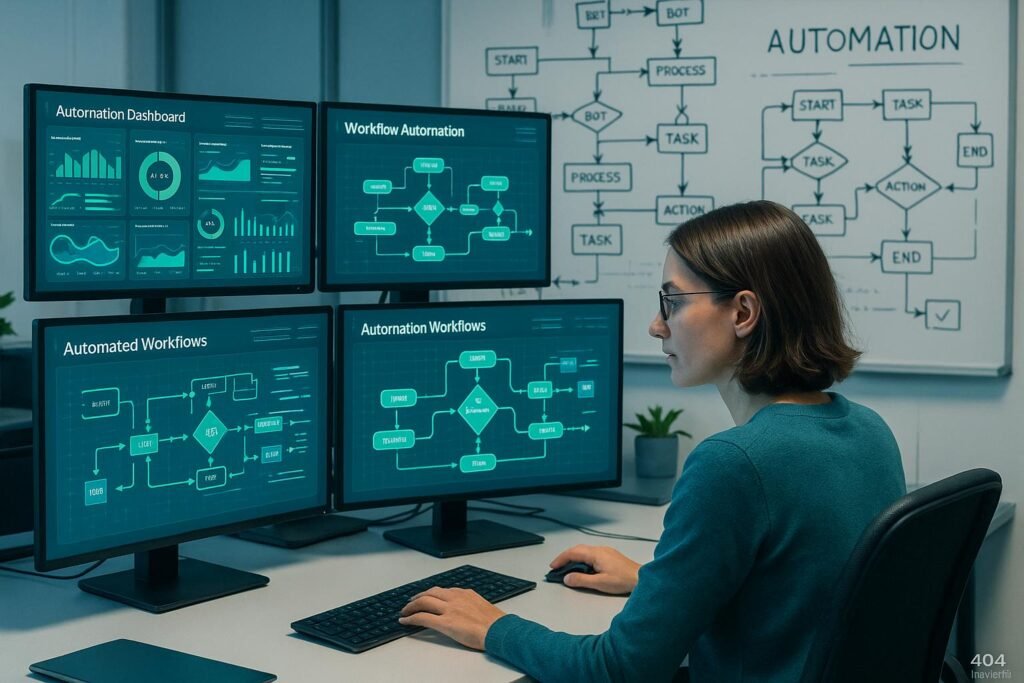 Mitarbeiter vor einem Monitor in einer modernen Büro- oder Entwicklerumgebung mit Automatisierungs-Dashboards und Whiteboards mit Skizzen zu Prozessflüssen
