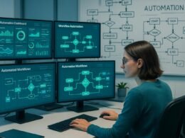 Mitarbeiter vor einem Monitor in einer modernen Büro- oder Entwicklerumgebung mit Automatisierungs-Dashboards und Whiteboards mit Skizzen zu Prozessflüssen