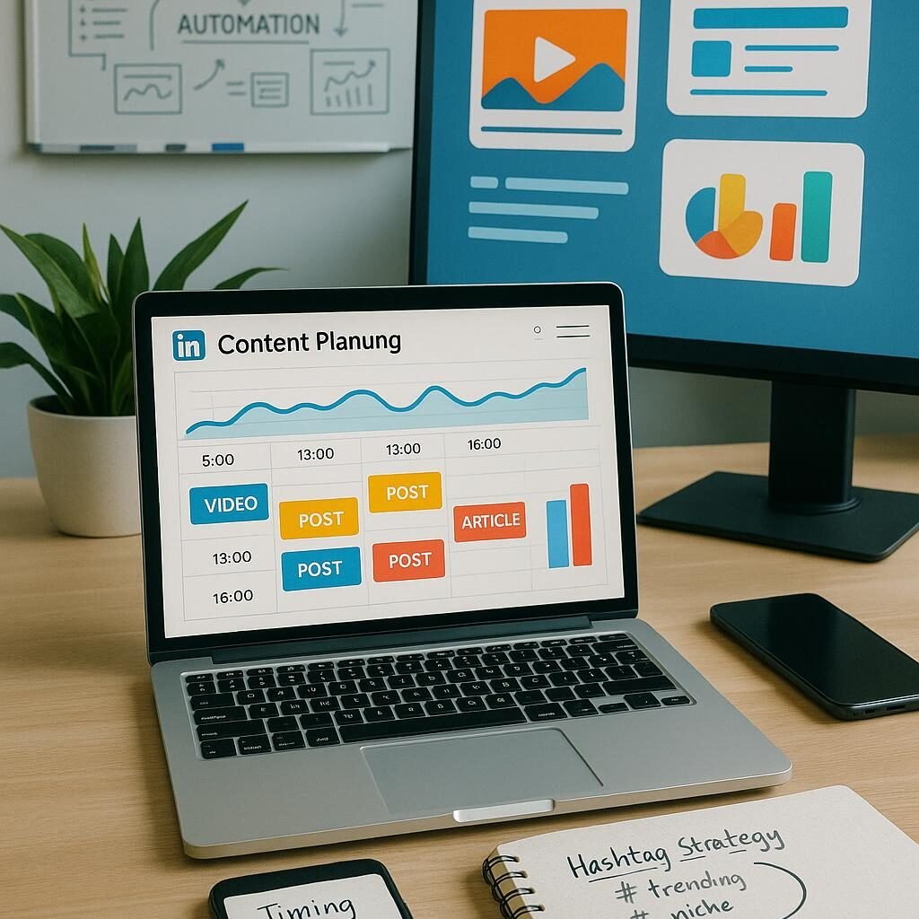 Moderne Arbeitsumgebung mit Laptop, Smartphone und Whiteboard, die eine strategische Social-Media-Planung für LinkedIn-Posts zeigt, inklusive Diagramme, Infografiken und Video-Icons.