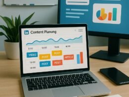 Moderne Arbeitsumgebung mit Laptop, Smartphone und Whiteboard, die eine strategische Social-Media-Planung für LinkedIn-Posts zeigt, inklusive Diagramme, Infografiken und Video-Icons.