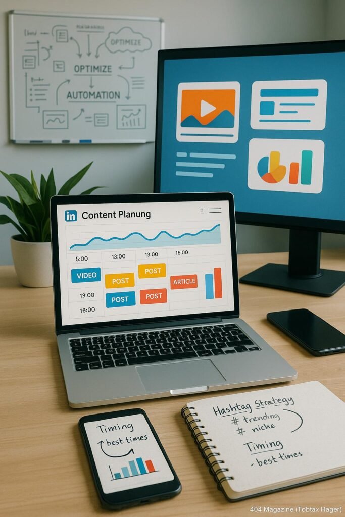 Moderne Arbeitsumgebung mit Laptop, Smartphone und Whiteboard, die eine strategische Social-Media-Planung für LinkedIn-Posts zeigt, inklusive Diagramme, Infografiken und Video-Icons.