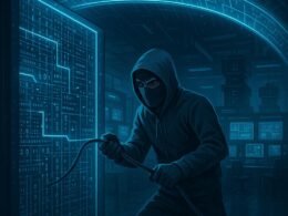 Futuristischer Hacker manövriert vorsichtig an einem Datenkabel vor einer transparenten Serverwand im Digitalzentrum, mit Kontrollräumen im Hintergrund und einer schützenden digitalen Barriere aus blauen Linien.