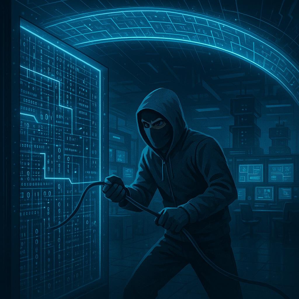 Futuristischer Hacker manövriert vorsichtig an einem Datenkabel vor einer transparenten Serverwand im Digitalzentrum, mit Kontrollräumen im Hintergrund und einer schützenden digitalen Barriere aus blauen Linien.