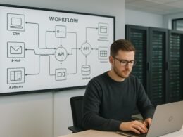 Modernes Büro mit digitalem Whiteboard displaying Workflow-Diagramme und Server-Schränken im Hintergrund, mit einem Mitarbeiter, der Systeme überwacht.