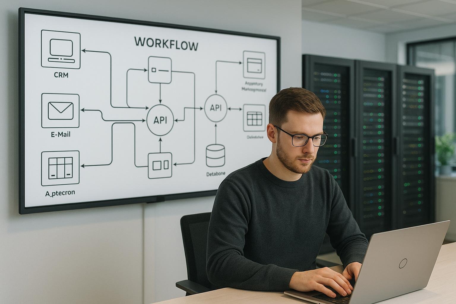 Modernes Büro mit digitalem Whiteboard displaying Workflow-Diagramme und Server-Schränken im Hintergrund, mit einem Mitarbeiter, der Systeme überwacht.