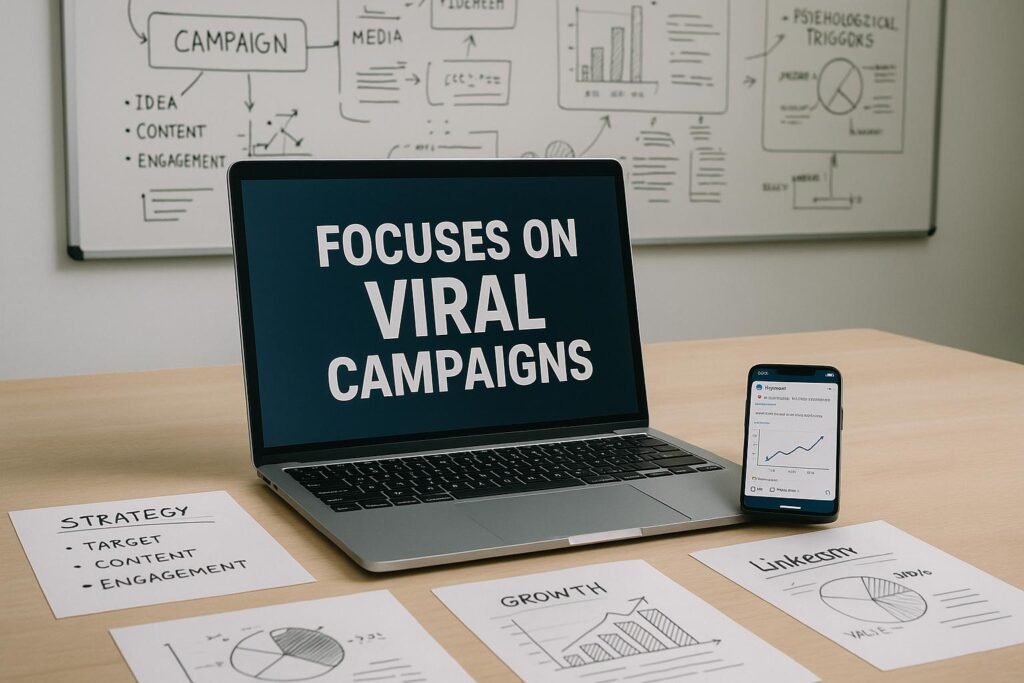 Modernes Büro mit Laptop, Notizen, Infografiken und Smartphone, Hintergrund mit Skizzen und Kampagnenplänen, ideal für Social-Media-Erfolg