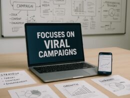 Modernes Büro mit Laptop, Notizen, Infografiken und Smartphone, Hintergrund mit Skizzen und Kampagnenplänen, ideal für Social-Media-Erfolg