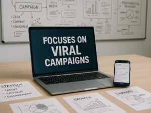 Modernes Büro mit Laptop, Notizen, Infografiken und Smartphone, Hintergrund mit Skizzen und Kampagnenplänen, ideal für Social-Media-Erfolg