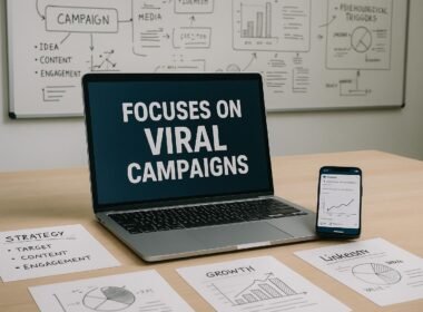 Modernes Büro mit Laptop, Notizen, Infografiken und Smartphone, Hintergrund mit Skizzen und Kampagnenplänen, ideal für Social-Media-Erfolg