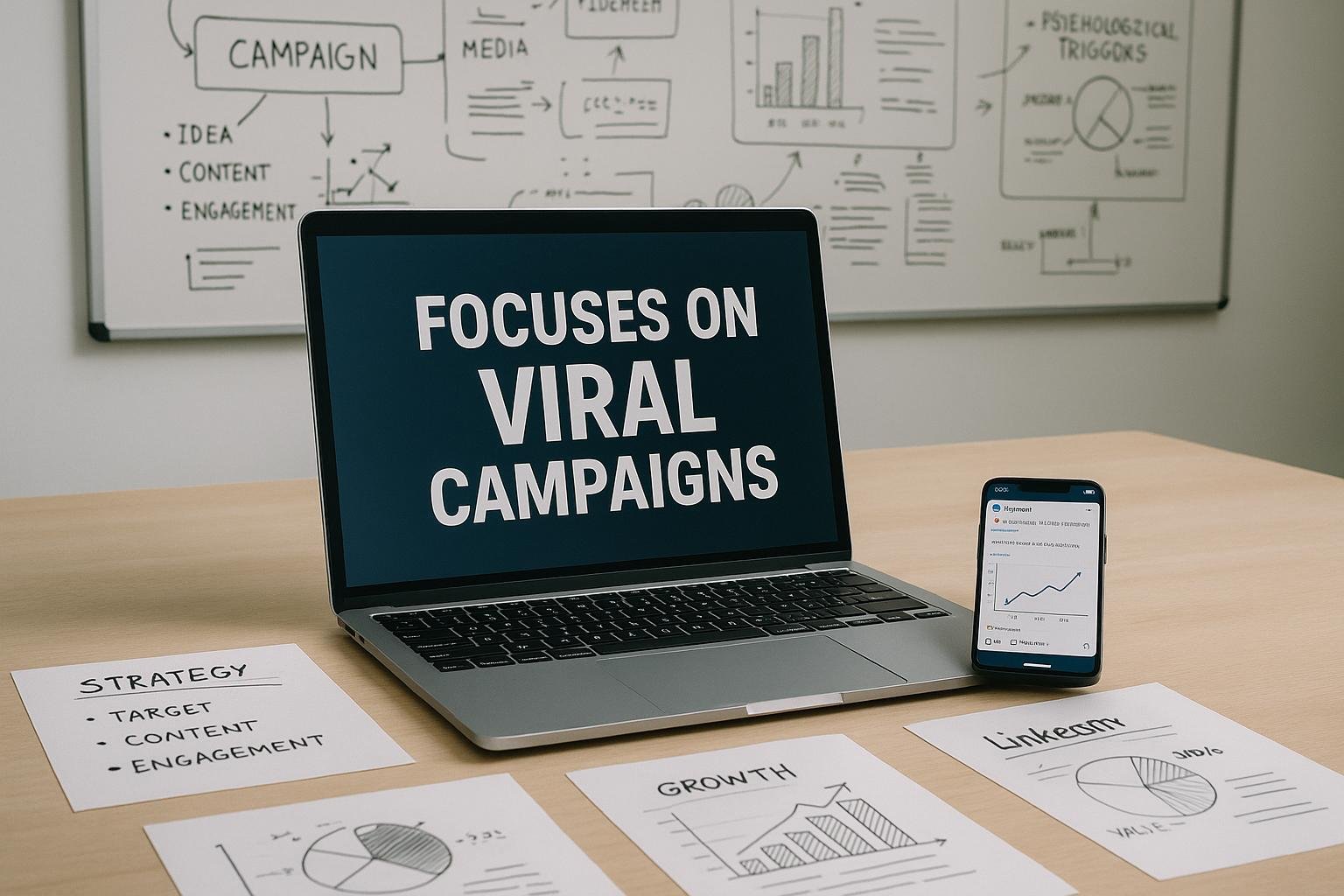 Modernes Büro mit Laptop, Notizen, Infografiken und Smartphone, Hintergrund mit Skizzen und Kampagnenplänen, ideal für Social-Media-Erfolg