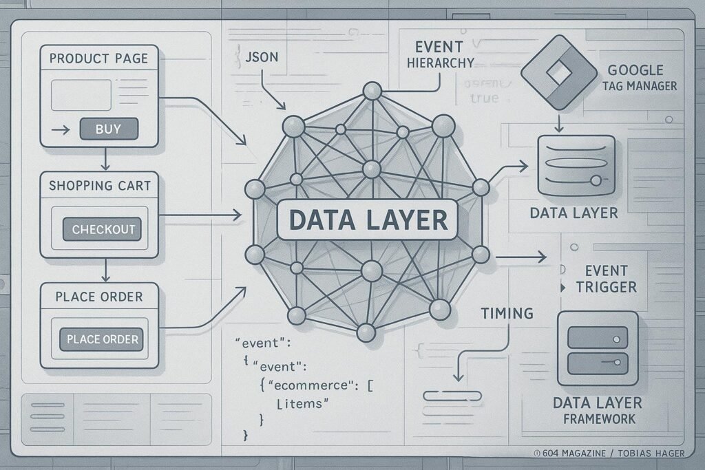 Detailliertes Schema einer digitalen Marketing-Datenarchitektur mit Data Layer, Nutzerinteraktionen und Tool-Icons, Credit: 404 Magazine (Tobias Hager)