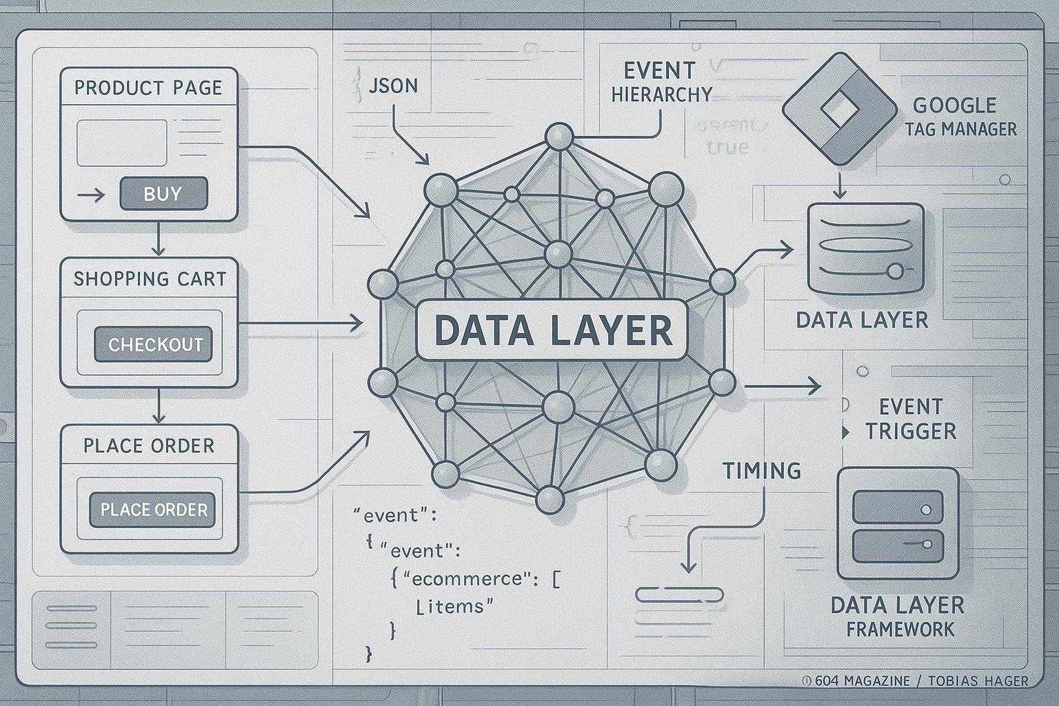 Detailliertes Schema einer digitalen Marketing-Datenarchitektur mit Data Layer, Nutzerinteraktionen und Tool-Icons, Credit: 404 Magazine (Tobias Hager)
