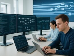 Moderner Bürotisch mit mehreren Monitoren, die komplexe Daten und Automatisierungs-Workflows in Echtzeit darstellen, im Vordergrund Entwickler an Laptops, im Hintergrund digitale Visualisierung paralleler Prozesslinien, minimalistische und helle Bürogestaltung