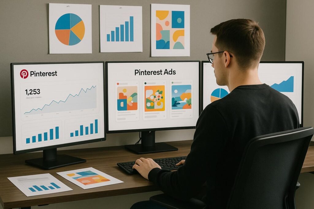 Ein professioneller Marketer sitzt an einem eleganten Schreibtisch mit mehreren Bildschirmen, die Pinterest-Analysen, kreative Entwürfe und Diagramme anzeigen, betont datengesteuerte Strategieentwicklung.