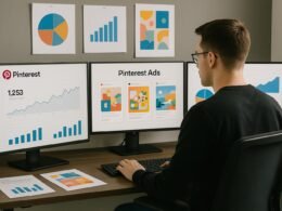 Ein professioneller Marketer sitzt an einem eleganten Schreibtisch mit mehreren Bildschirmen, die Pinterest-Analysen, kreative Entwürfe und Diagramme anzeigen, betont datengesteuerte Strategieentwicklung.