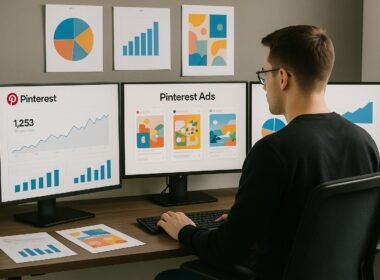 Ein professioneller Marketer sitzt an einem eleganten Schreibtisch mit mehreren Bildschirmen, die Pinterest-Analysen, kreative Entwürfe und Diagramme anzeigen, betont datengesteuerte Strategieentwicklung.