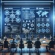 Modernes High-Tech Büro mit Team, das HubSpot Automatisierung auf einem digitalen Display diskutiert, mit Code-Snippets, Diagrammen und API-Icons im Hintergrund