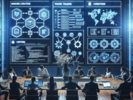 Modernes High-Tech Büro mit Team, das HubSpot Automatisierung auf einem digitalen Display diskutiert, mit Code-Snippets, Diagrammen und API-Icons im Hintergrund