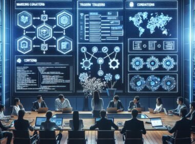 Modernes High-Tech Büro mit Team, das HubSpot Automatisierung auf einem digitalen Display diskutiert, mit Code-Snippets, Diagrammen und API-Icons im Hintergrund