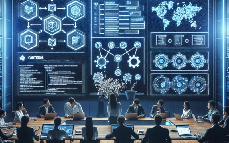 Modernes High-Tech Büro mit Team, das HubSpot Automatisierung auf einem digitalen Display diskutiert, mit Code-Snippets, Diagrammen und API-Icons im Hintergrund