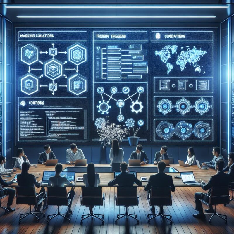 Modernes High-Tech Büro mit Team, das HubSpot Automatisierung auf einem digitalen Display diskutiert, mit Code-Snippets, Diagrammen und API-Icons im Hintergrund