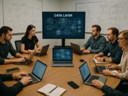 Teammeeting in einem modernen Büro mit Whiteboards, Laptops und einem Bildschirm, der Data Layer-Architektur zeigt