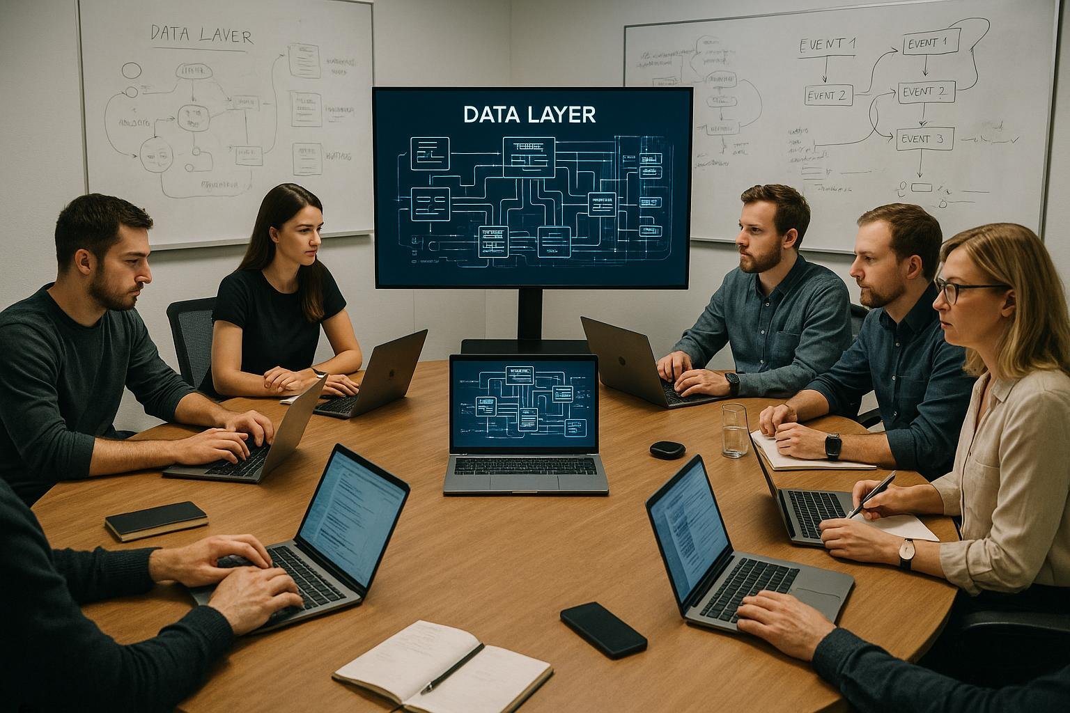 Teammeeting in einem modernen Büro mit Whiteboards, Laptops und einem Bildschirm, der Data Layer-Architektur zeigt