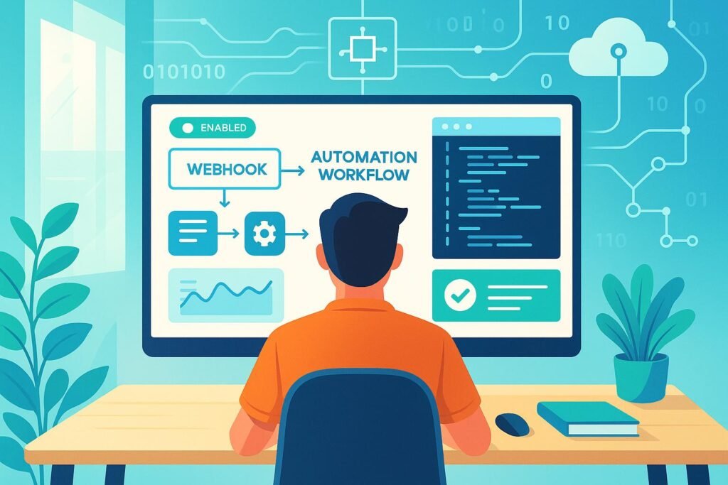 Person vor großem Bildschirm mit Automatisierungs-Workflows, Diagrammen und Codes in einem modernen, digital vernetzten Büro, inspiriert von Automatisierung und Technologie.