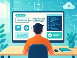 Person vor großem Bildschirm mit Automatisierungs-Workflows, Diagrammen und Codes in einem modernen, digital vernetzten Büro, inspiriert von Automatisierung und Technologie.