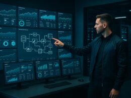 Hochmoderner Kontrollraum mit Monitoren, Servern und einem Entwickler, der einen komplexen Datenfluss visualisiert, im futuristischen Umfeld.