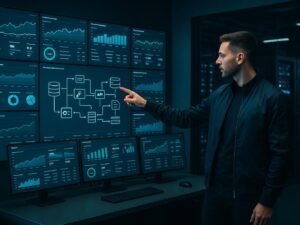 Hochmoderner Kontrollraum mit Monitoren, Servern und einem Entwickler, der einen komplexen Datenfluss visualisiert, im futuristischen Umfeld.