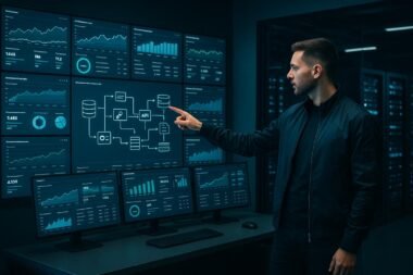 Hochmoderner Kontrollraum mit Monitoren, Servern und einem Entwickler, der einen komplexen Datenfluss visualisiert, im futuristischen Umfeld.