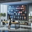 Modernes Büro mit digitaler Mailchimp-Automatisierung und Person, die Daten auf Laptop überprüft