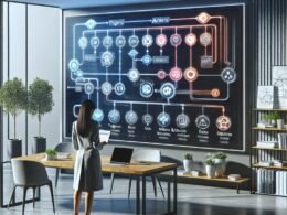 Modernes Büro mit digitaler Mailchimp-Automatisierung und Person, die Daten auf Laptop überprüft