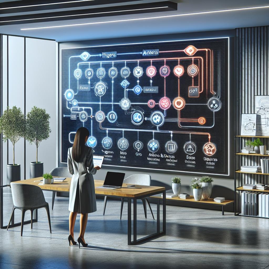 Modernes Büro mit digitaler Mailchimp-Automatisierung und Person, die Daten auf Laptop überprüft
