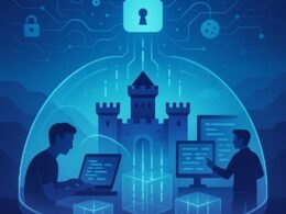 Digitale Burg mit schützenden Barrieren, Web-Entwickler bei Arbeit, schwebende Datenströme und Sicherheits-Symbole im Himmel, dargestellt als modern, digital inspiriertes Szenario