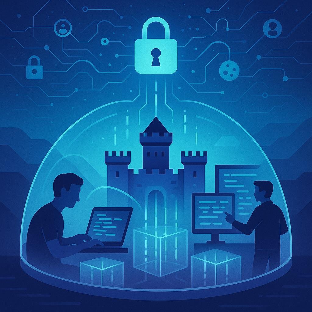 Digitale Burg mit schützenden Barrieren, Web-Entwickler bei Arbeit, schwebende Datenströme und Sicherheits-Symbole im Himmel, dargestellt als modern, digital inspiriertes Szenario