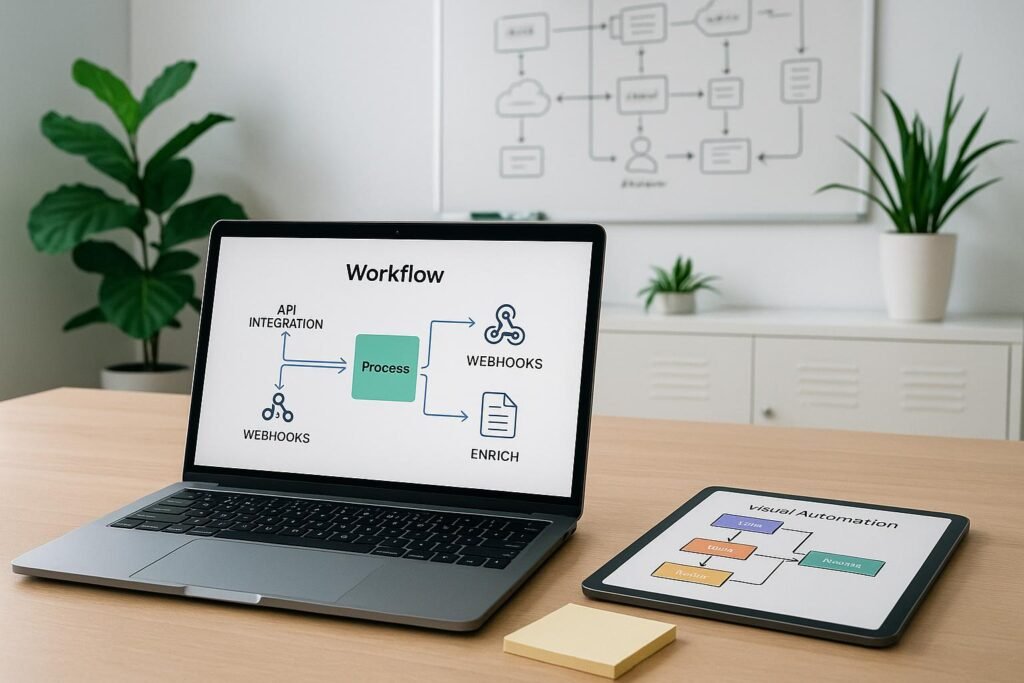 Moderner Arbeitsplatz im Büro mit Laptop, Tablet und Whiteboard, das Workflow-Diagramme und API-Integrationen zeigt