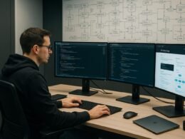 Entwickler arbeitet an mehreren Monitoren in einem modernen, digitalen Büro mit Whiteboards im Hintergrund, voller Skizzen zu API-Architekturen und Datenflüssen.