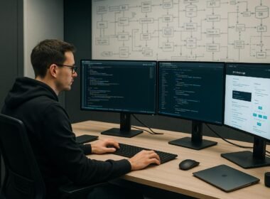 Entwickler arbeitet an mehreren Monitoren in einem modernen, digitalen Büro mit Whiteboards im Hintergrund, voller Skizzen zu API-Architekturen und Datenflüssen.