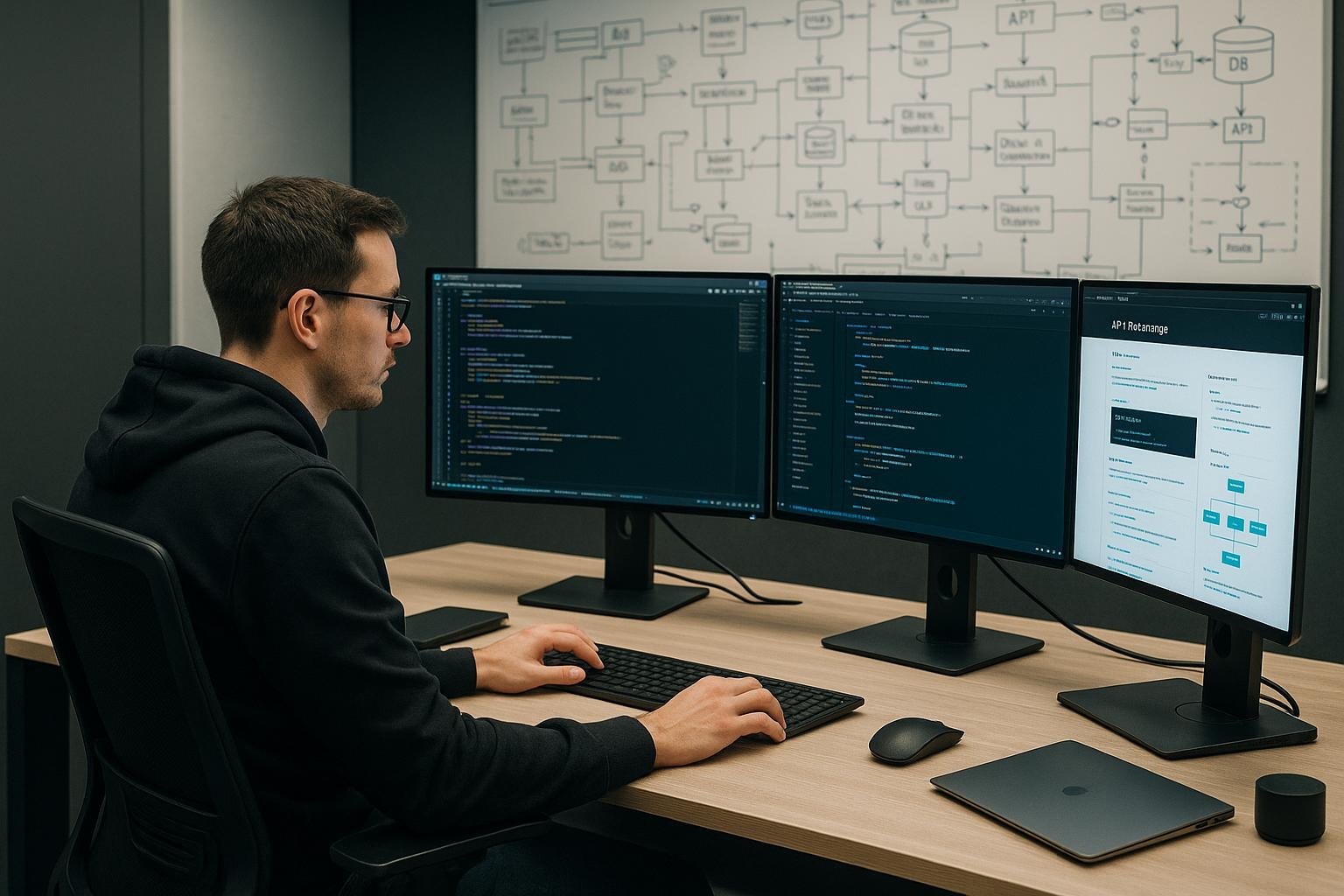 Entwickler arbeitet an mehreren Monitoren in einem modernen, digitalen Büro mit Whiteboards im Hintergrund, voller Skizzen zu API-Architekturen und Datenflüssen.