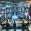 Ein High-Tech-Digitalarbeitsplatz mit einer vielfältigen Gruppe von Fachleuten, die an großen Bildschirmen und Hologrammen KI-gestützte Analysen und Datenvisualisierungen prüfen, im Hintergrund Serverracks und Datenströme sichtbar. Credit: 404 Magazine (Tobias Hager).