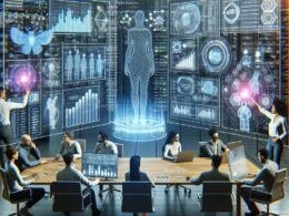 Ein High-Tech-Digitalarbeitsplatz mit einer vielfältigen Gruppe von Fachleuten, die an großen Bildschirmen und Hologrammen KI-gestützte Analysen und Datenvisualisierungen prüfen, im Hintergrund Serverracks und Datenströme sichtbar. Credit: 404 Magazine (Tobias Hager).