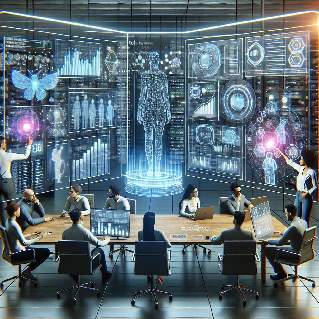 Ein High-Tech-Digitalarbeitsplatz mit einer vielfältigen Gruppe von Fachleuten, die an großen Bildschirmen und Hologrammen KI-gestützte Analysen und Datenvisualisierungen prüfen, im Hintergrund Serverracks und Datenströme sichtbar. Credit: 404 Magazine (Tobias Hager).