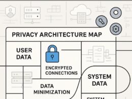 Moderne, minimalistische Website-Architekturkarte mit Datenschutzsymbolen, Servern und Cloud-Infrastruktur, visualisiert durch klare Linien und Symbole für Verschlüsselung und Kontrolle.