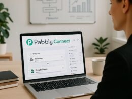 Geschäftsperson schaut entspannt auf Laptop mit Pabbly Connect Oberfläche, im Hintergrund Whiteboard mit Workflow-Diagrammen, auf dem Tisch Notizbücher und Kaffee, für ein produktives und effizientes Arbeitsumfeld.