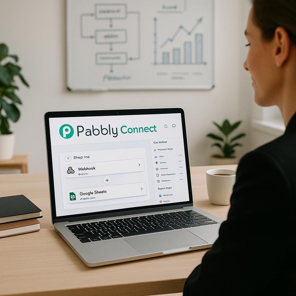 Geschäftsperson schaut entspannt auf Laptop mit Pabbly Connect Oberfläche, im Hintergrund Whiteboard mit Workflow-Diagrammen, auf dem Tisch Notizbücher und Kaffee, für ein produktives und effizientes Arbeitsumfeld.