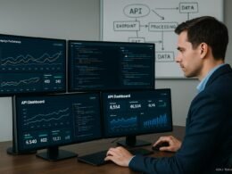 Person im Business-Casual-Outfit analysiert Kampagnendaten an einem High-Tech-Schreibtisch mit Monitoren und Whiteboard im Hintergrund